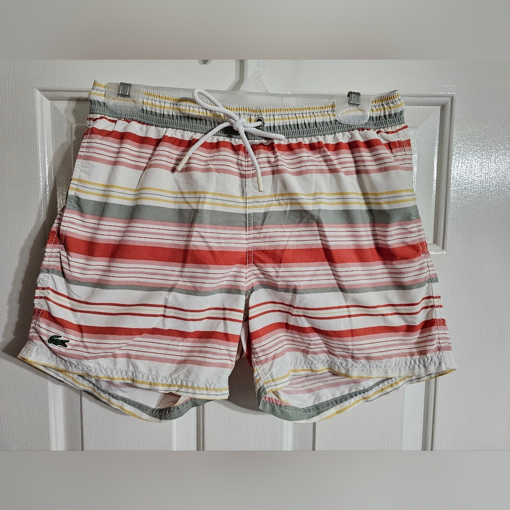 Lacoste Men Medium Red Yellow Striped Swim Shorts Preppy Beach Vacation Classic - Picture 2 of 5